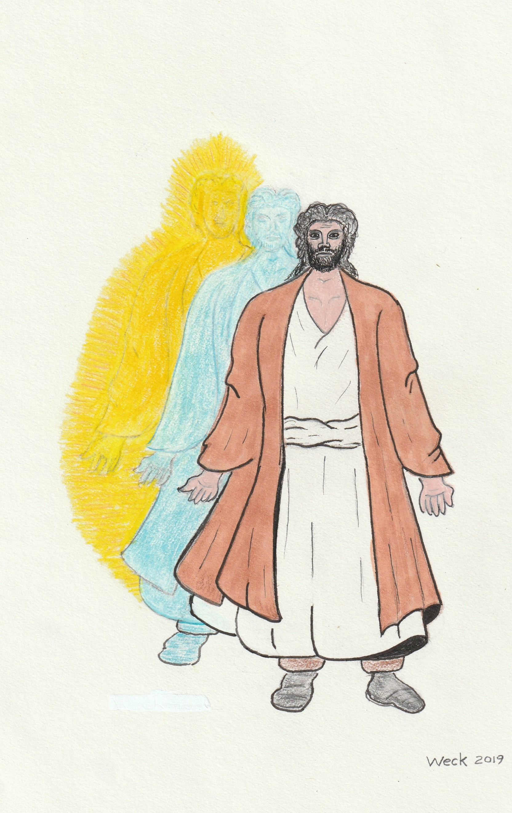 A drawing of a bearded man in a long robe with sandals, standing with his arms slightly outstretched. Behind him are two translucent outlines of the man, one in blue and one in yellow. The drawing is signed "Weck 2019" in the bottom right corner.