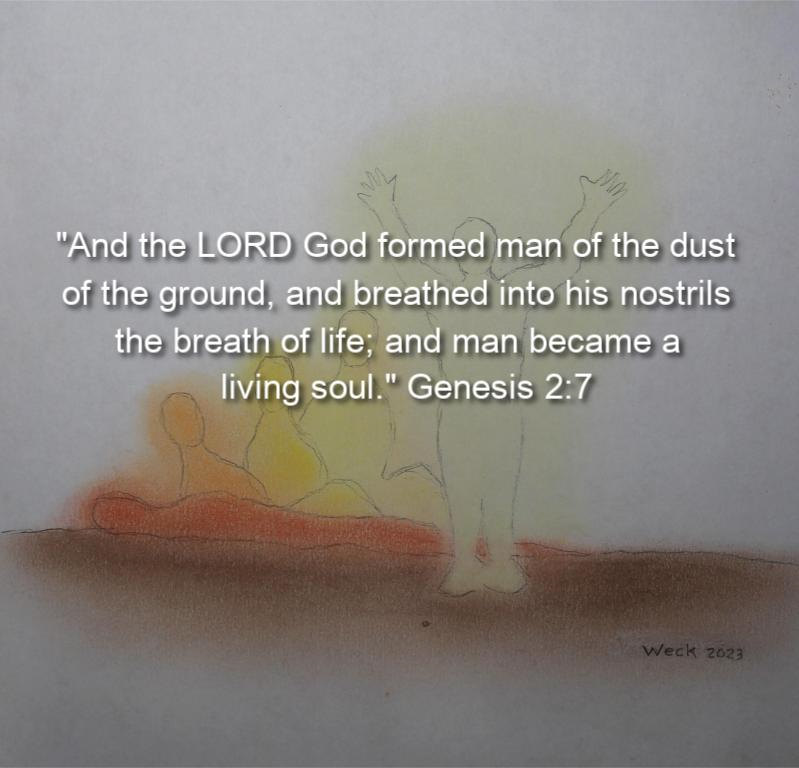 A soft, pastel-colored illustration shows a human-like figure with arms raised. In the background, a figure lies against the earth, highlighted with an orange hue. The image includes the quote from Genesis 2:7 about God creating man from dust, subtly invoking the divine essence of the Trinity.