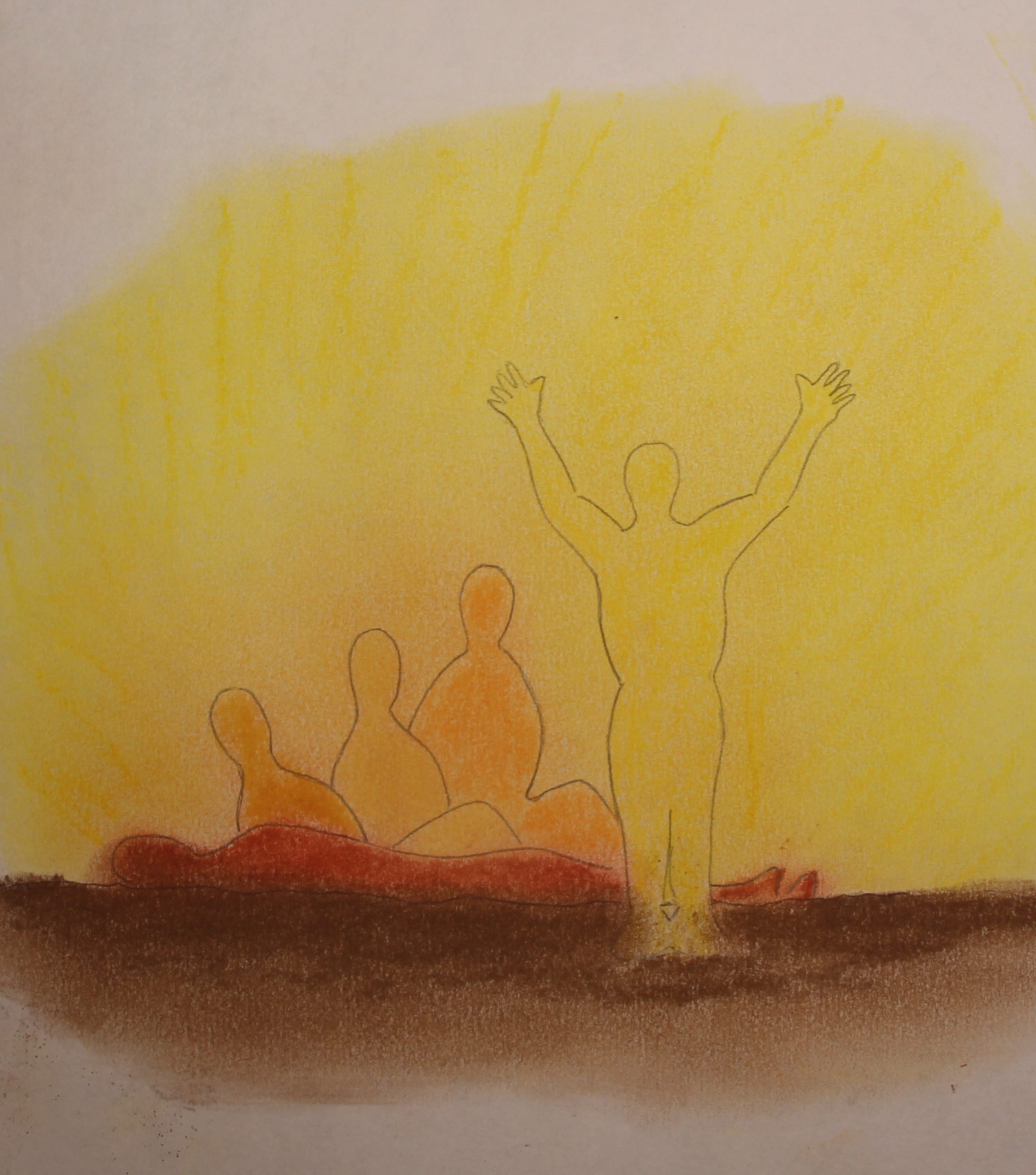 A drawing depicts a group of figures against a bright yellow background. One figure stands with arms raised, while the others sit or lie on the ground. The scene is rendered in warm colors, with an emphasis on the yellow light source behind the figures.