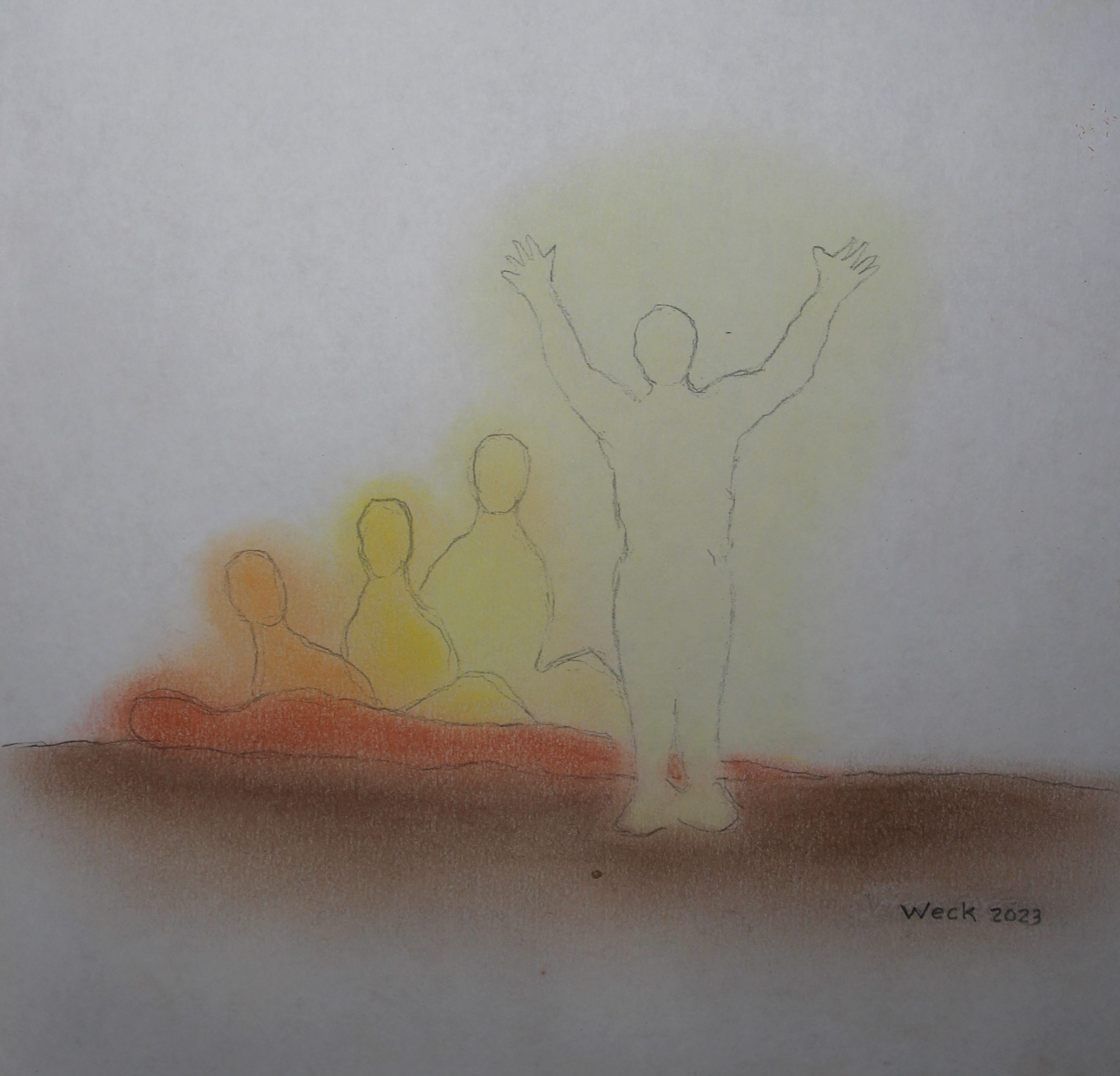This is a drawing of four human figures on a brown and red base. One figure stands with arms raised, surrounded by yellow light. The other three figures sit with differentiated shades. The artist's signature "Weck 2023" appears at the lower right.